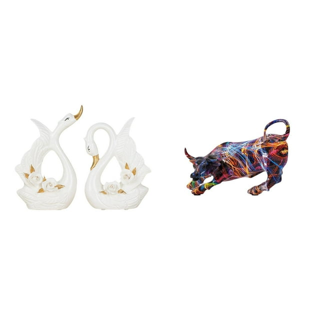 Elegantes figuras de cisne de cerámica y colorido toro de resina. Esculturas artísticas de animales para decorar estanterías, armarios, salas de estar