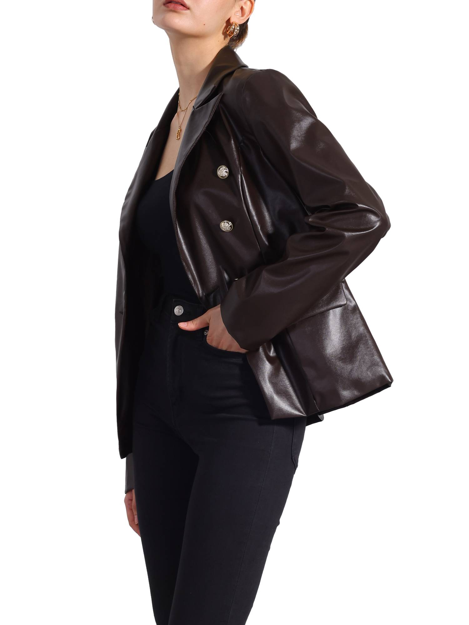 INSPIRE CHIC Women's Notched Lapel Faux Leather Blazer Double Breasted PU Work Formal Jackets