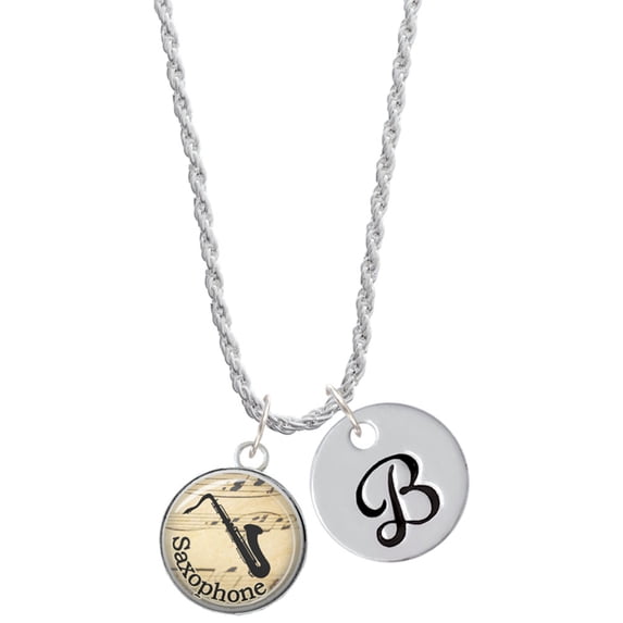 Delight Jewelry Silvertone Domed Music - Saxophone Silvertone Script Initial Disc - B - Charm Necklace, 20"+3"