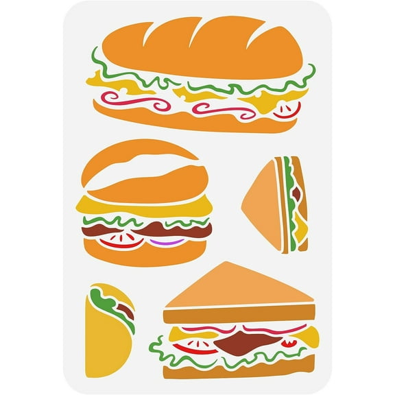 Fastfood Stencil for Painting 11.7x8.3 inch Hollow Out Hamburger Stencil Sandwiches Craft Stencils Plastic PET Burger Cheeseburger Drawing Stencil for Wall Tiles Floors Canvas DIY