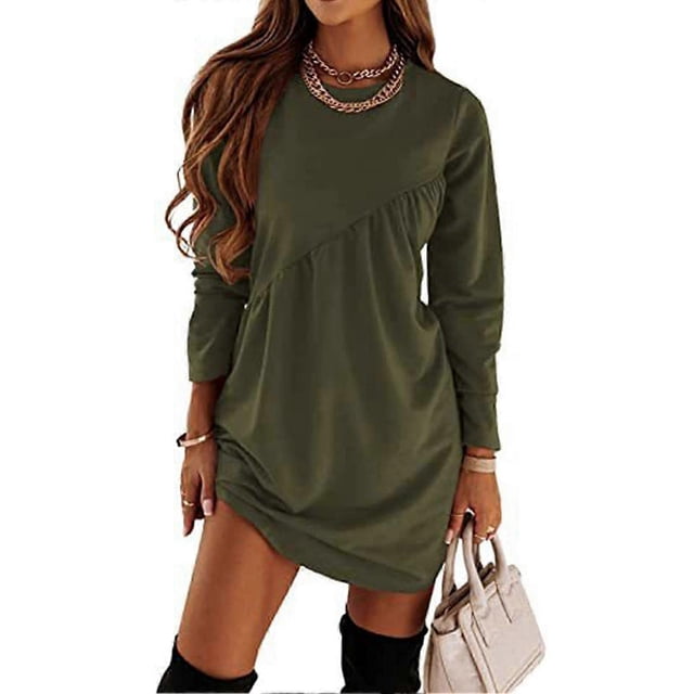 Vestido túnica de manga larga para mujer, cuello redondo, volantes, color liso, estilo casual, corte regular, minivestido