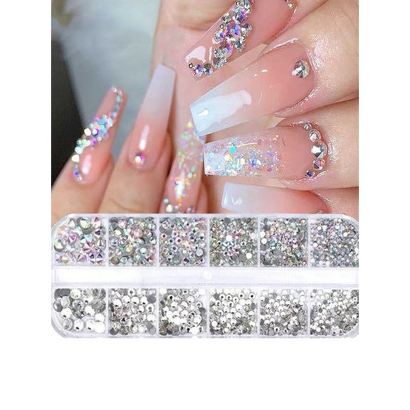 12 Grid Nail Rhinestones 1.5mm-5mm 3D Glass Crystal AB Clear Stones Gems Pearl For Nail Art DIY Decoration Flatback Charms Acrylic Nails Supplies