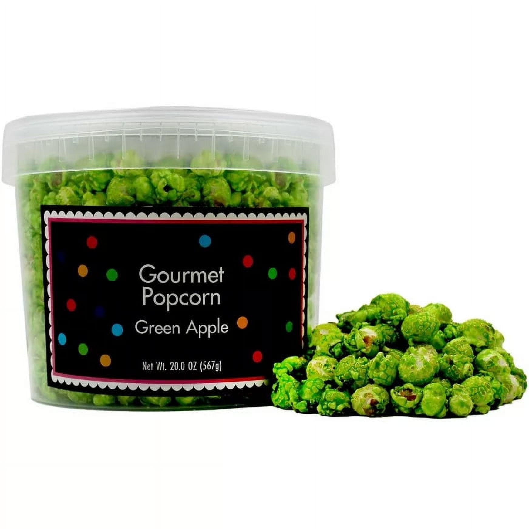 Green Popcorn Bucket with Scoop, 20 Ounce, Green Apple Flavored Popcorn Tub, Fresh Gourmet Popcorn, The Hampton Popcorn & Candy Company