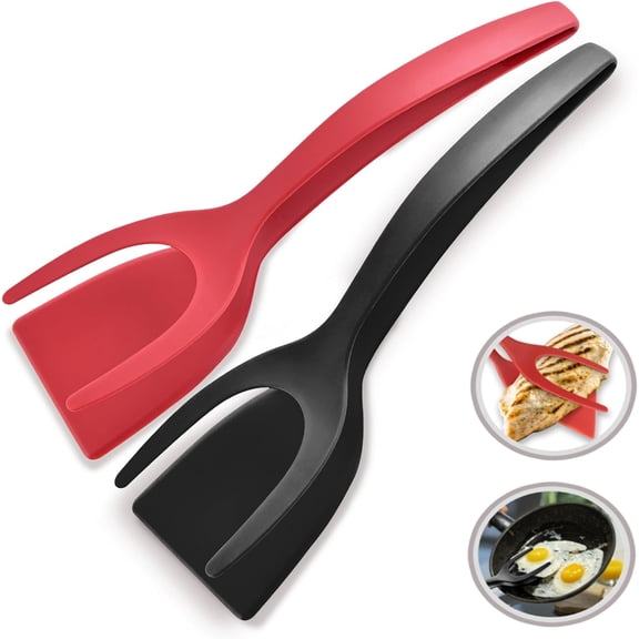 2 in 1 Flipper Spatula with tongs - Nylon Easy Grip Flip Spatula for Hash browns, Burgers, Steaks, French Toast, Omelets, Pancakes - Non-Stick Head, Ergonomic Handle, Withstands High Temperatures