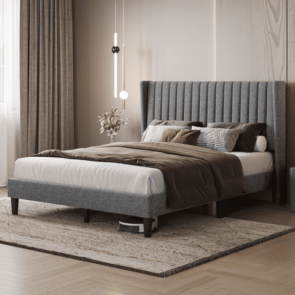 Renwick Fabric Upholstered Bed Frame with Channel Tufted Headboard, Light Gray