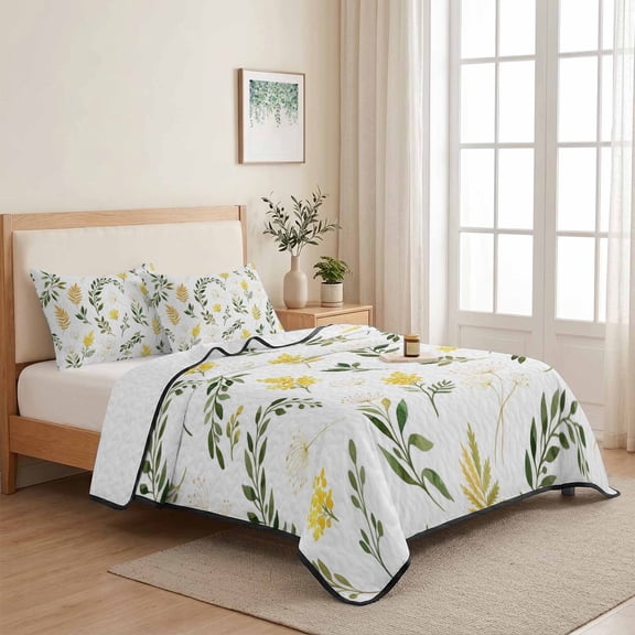 Yellow Flower Full Size Quilt Set Lightweight Bedspread Coverlet Set, Watercolor Green Leaf Country Botanical Quilted Bedding Cover with 2 Pillow Shams for All Season Layering 78"x90"