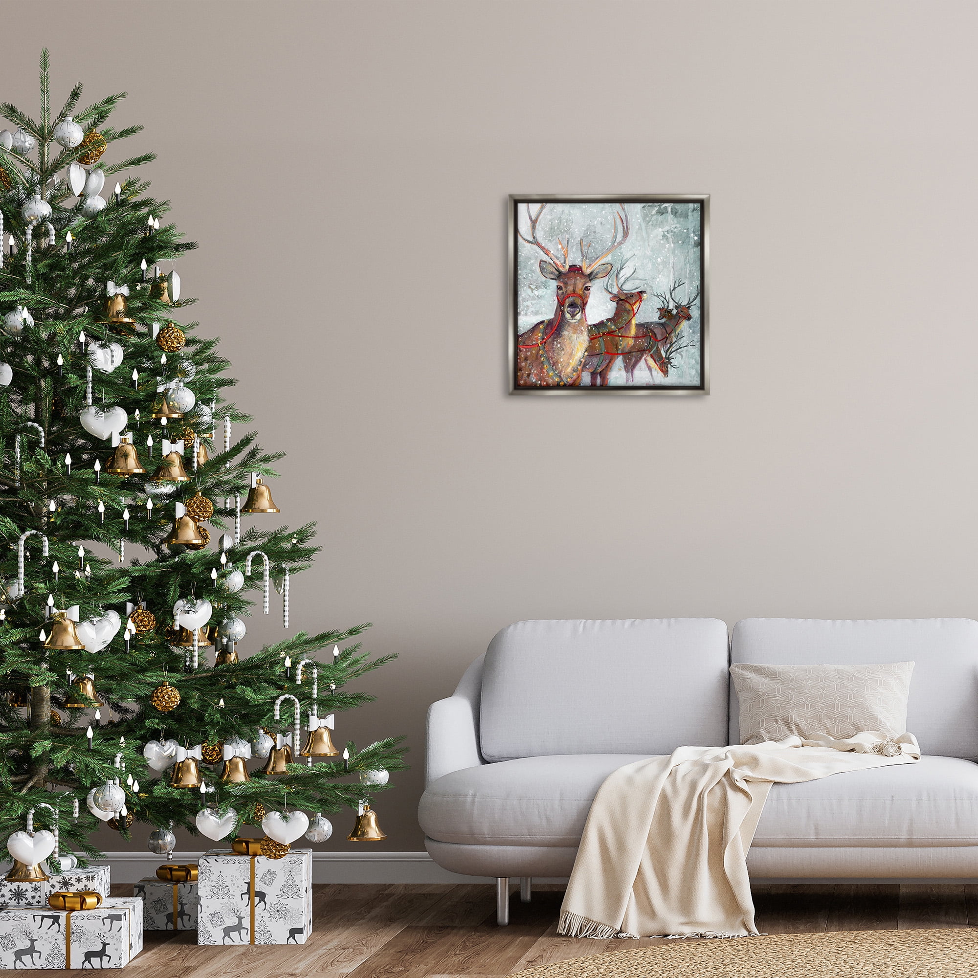 Stupell Industries Winter Reindeer Holiday Landscape Holiday Painting Gray Floater Framed Canvas Art Print Wall Art, 25 x 25