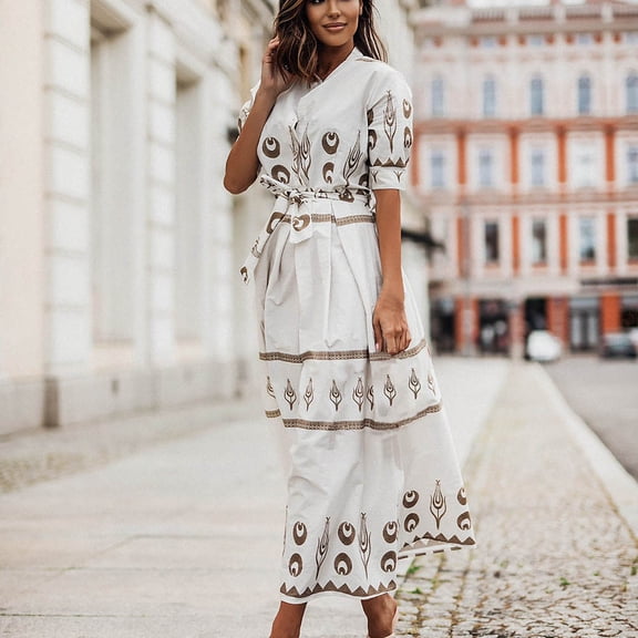 Abcnature Womens Maxi Dress, Women Retro Round Neck Short Sleeves Printed Dress, Plus Size Summer Casual Long Dresses, Wedding Guest Dresses Beach Party Dress White XL