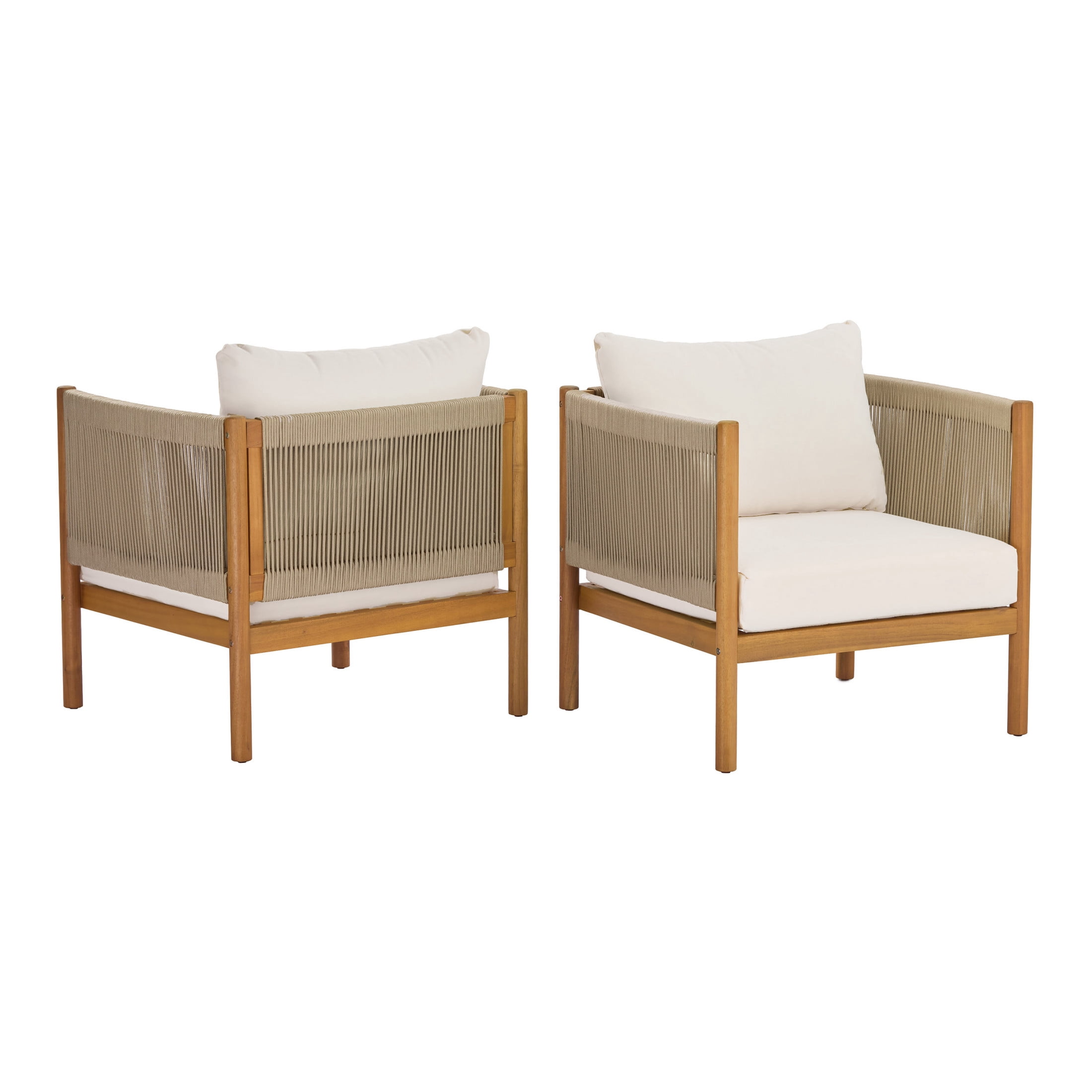 Christopher Knight Home Teak Outdoor Acacia Wood Club Chair with Rope Panels and Cream Cushions, Set of 2