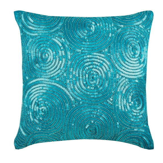 Blue Throw Pillow Cover, Spiral Blue Sequins Antique Pillow Cover, 20x20 inch (50x50 cm) Throw Pillow Cover, Geometric Pillow Cover, Square Silk, Modern, Circles - Aqua Touch
