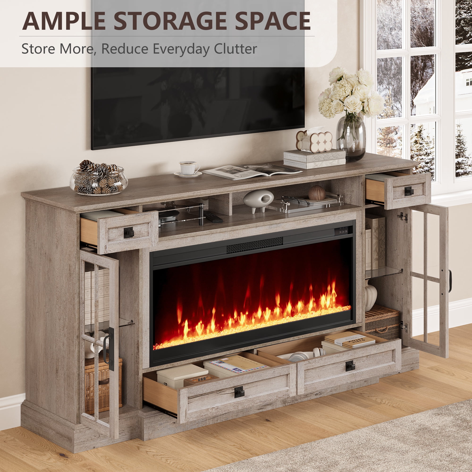 OKD Farmhouse Electric Fireplace TV Stand for TVs up to 80", Entertainment Center with Fireplace and Adjustable Shleves, Light Rustic Oak