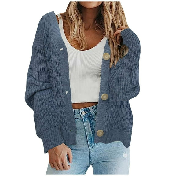gakvbuo Women'S Chunky Knit Open Front Sweater Long Sleeve Button Loose Short Cardigan Outerwear Coats