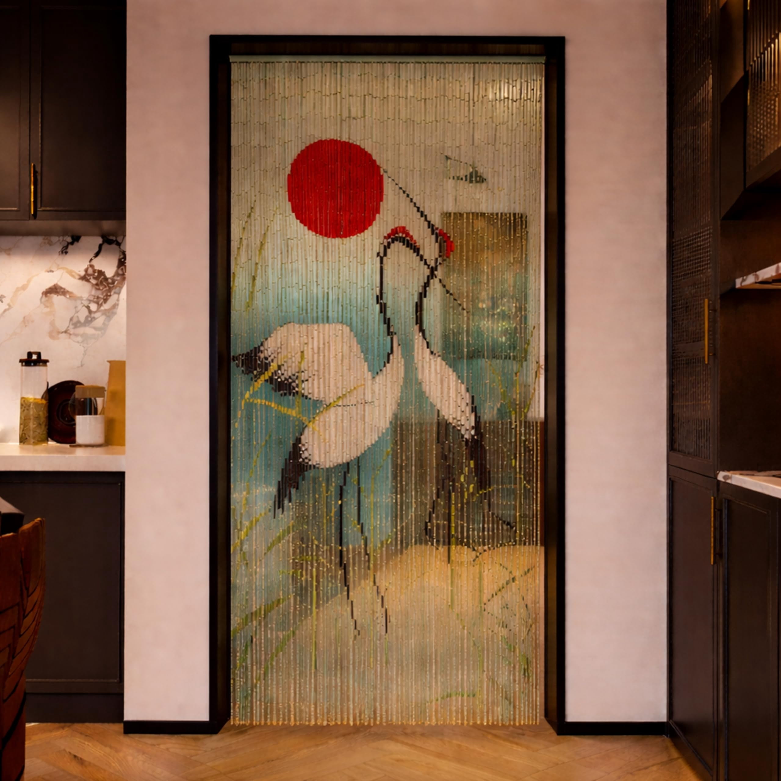 Cranes With Red Sun Curtain Beaded Room Divider and Hanging Blinds