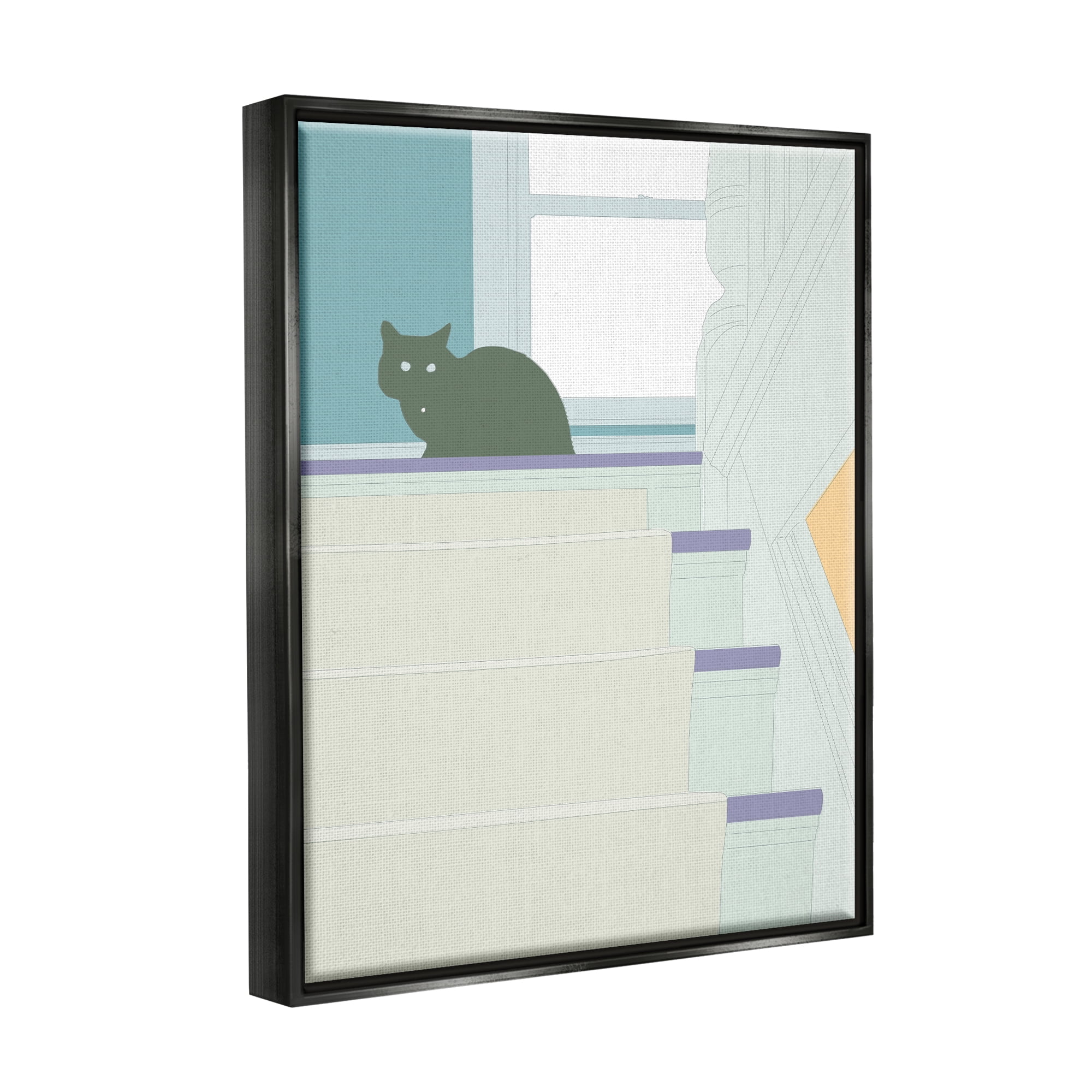 Stupell Contemporary Black Cat Stairway Scene Animals & Insects Painting Black Floater Framed Art Print Wall Art