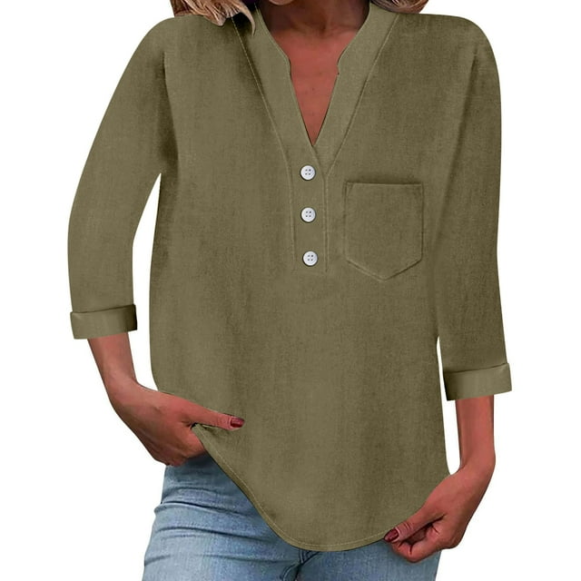 Shirts for Women Long Sleeve V Neck Solid Color Button Down Ladies Top Clothes