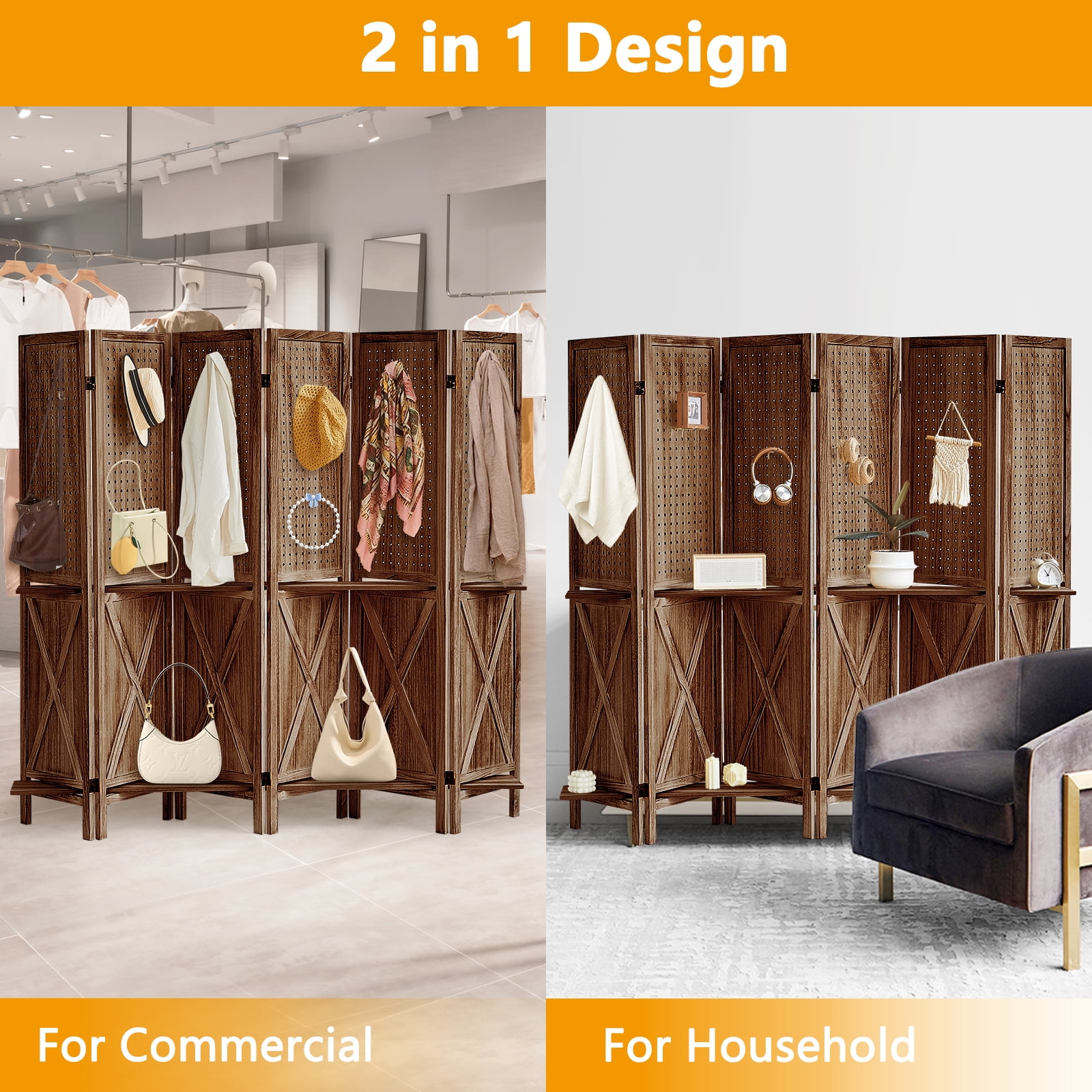 Aletheiawu 6 Panel Wood Display with 24 Hooks, Folding Room Divider, No Installation Require, Brown