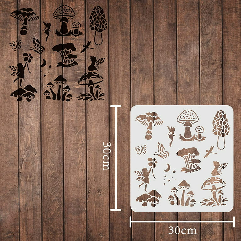 Mushroom Genie Drawing Painting Stencils Templates (11.8x11.8 inch) Plastic  Square Reusable Stencils for Painting on Wood Floor Tile Wall and Fabric 