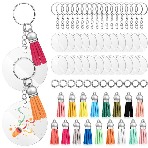RUNROTOO 120Ud Accesorios Para Llaveros Acrílicos Con Blanks Transparentes Y Borlas Para Proyectos DIY