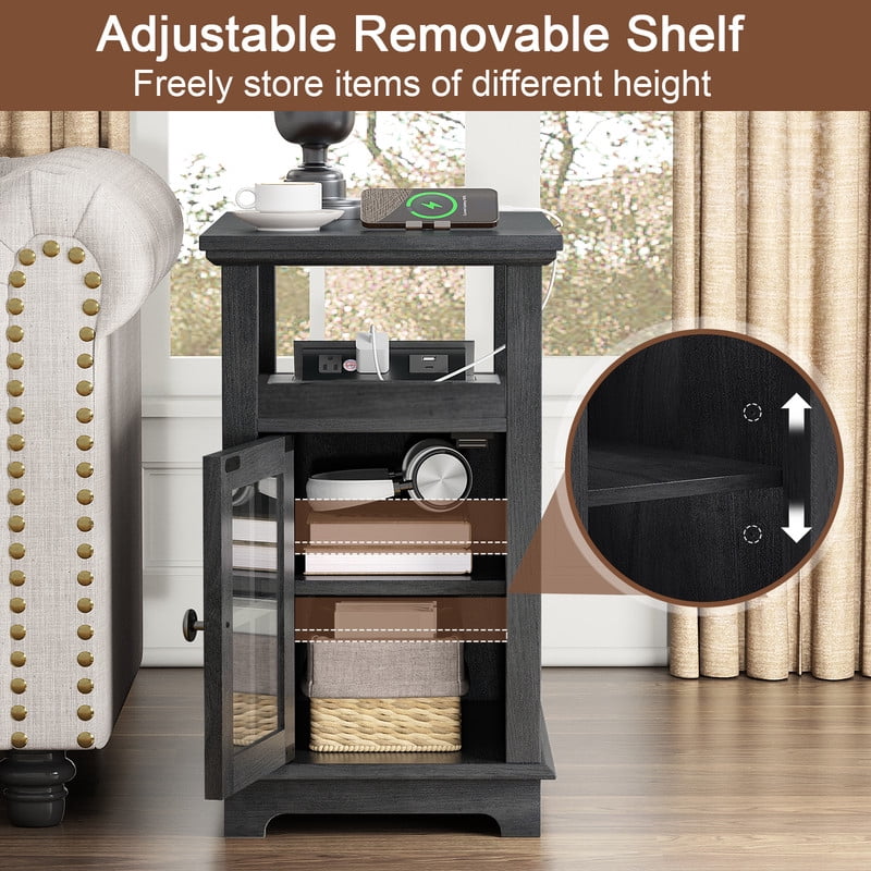 PLAMLE End Tables for Living Room with Storage Shelf,Narrow Sofa Side Table Slim Chair Side Table Adjustable Feet End table for Bedroom