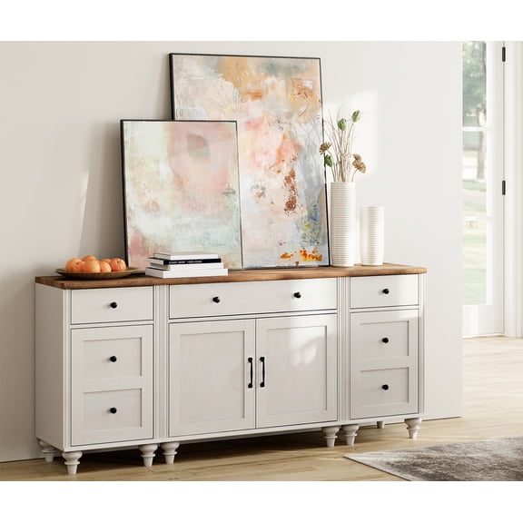 WAMPAT  Farmhouse Buffet Cabinet, 3-in-1  Universal Coffee Bar Table Wooden Kitchen Storage Cabinets with Adjustable Shelf and Charging Station, Kitchen Sideboard Buffet Cabinet for Dining Room, Whit