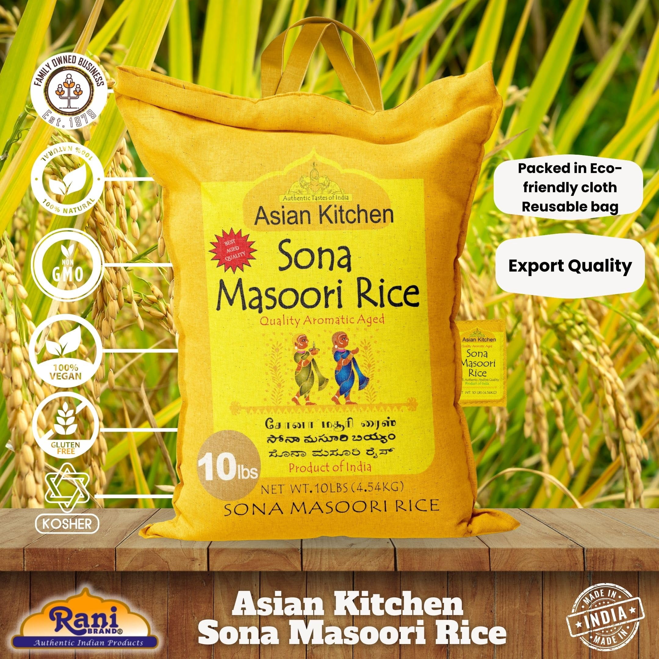 Asian Kitchen White Sona Masoori Aged Rice 10-Pound Bag, 10lbs (4.54kg) Short Grain Rice ~ All Natural | Gluten Friendly | Vegan | Indian Origin | Export Quality