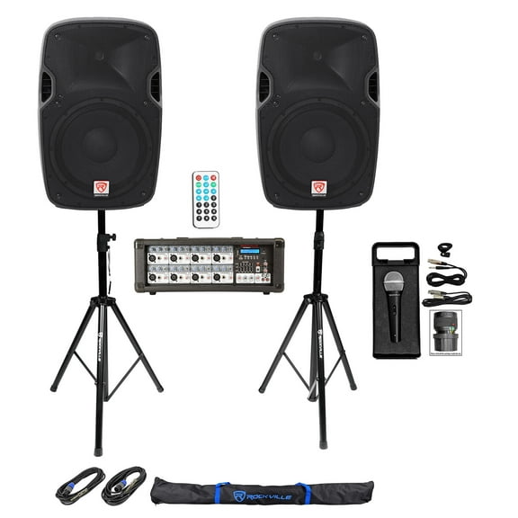 2) Rockville SPGN128 12" 1200W DJ PA Speakers Powered Bluetooth Mixer Stands Mic
