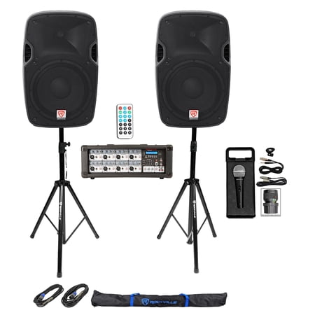 2) Rockville SPGN128 12 1200W DJ PA Speakers+Powered Bluetooth Mixer+Stands+Mic