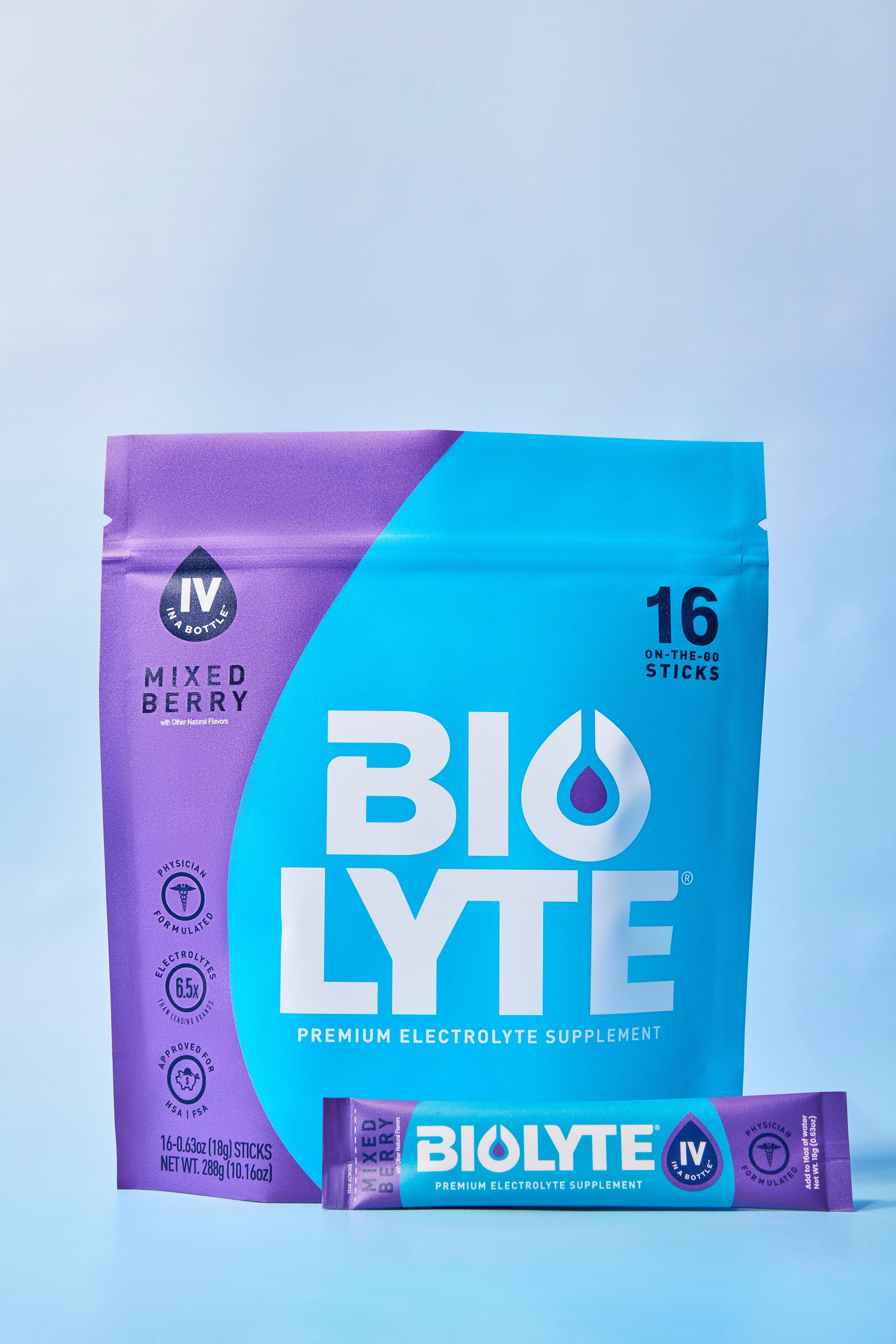 BIOLYTE Electrolyte Powder Packet Drink Mix for Rapid Hydration, Mixed Berry, 16 pack