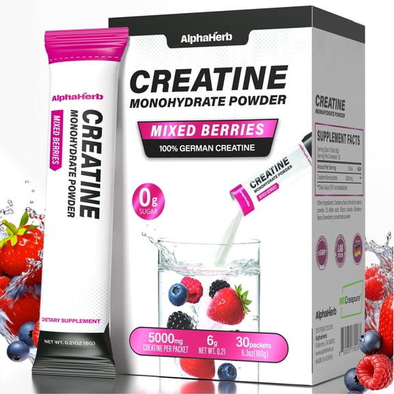 AlphaHerb Creatine Monohydrate Powder for Women 30 Stick 5000mg per Packet Mixed Berries