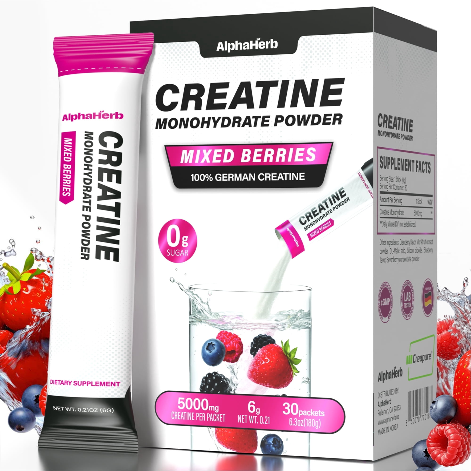 AlphaHerb Creatine Monohydrate Powder for Women 30 Stick 5000mg per Packet Mixed Berries