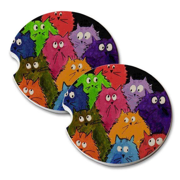 KuzmarK Sandstone Car Drink Coaster (set of 2) - Silly Maine Coon Kitties Crayon Box Colors Abstract Cat Art by Denise Every