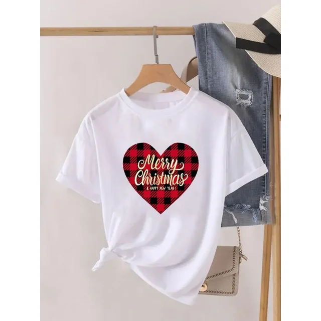 Camiseta estampada de manga corta para mujer, ropa de Navidad, moda de Año Nuevo, camiseta estampada