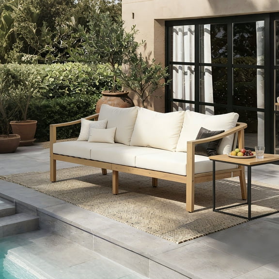Christopher Knight Home Outdoor 3-Seater Sofa with Slatted Back and Cushions, Light Teak Cream