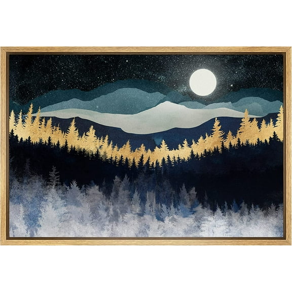 PixonSign Framed Canvas Print Wall Art Gold Blue Moonlight Mountain Forest Nature Wilderness Illustrations Modern Art Rustic Zen Landscape Colorful - 16"x24" Natural
