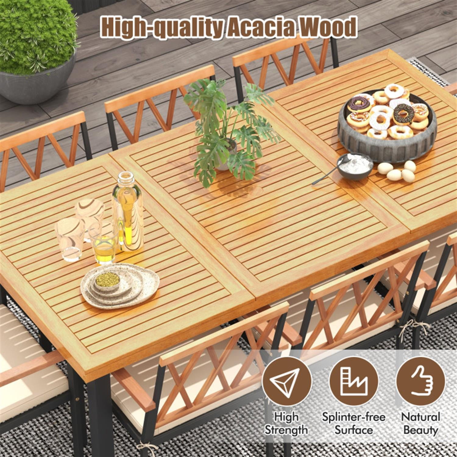 Demi Bonn 9 Pieces Patio Dining Furniture Set, 39.5" Acacia Wood Table with Umbrella Hole and 24, Wide Chairs, Beige-B