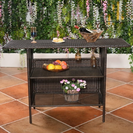 Rattan Wicker Bar Counter Table w/ Storage Shelves Outdoor ...