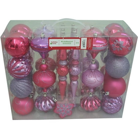 Holiday Time 40-Count Shatterproof Christmas Ornament Set, Pink/Purple