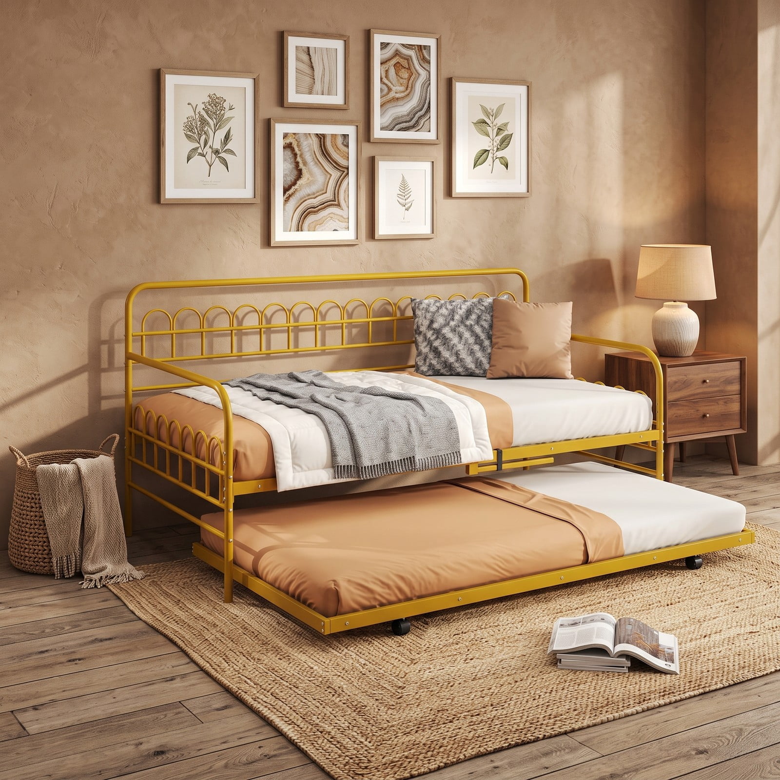 Furnibear Twin Metal Daybed with Pull-Out Trundle and Arched Rail Detailing on Lockable Casters for Bedroom and Guest Room, Gold