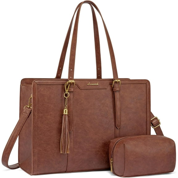 LOVEVOOK Laptop Bag for Women Vintage Leather Laptop Tote 15.6 inch Large Capacity Computer bag with Clutch Purse for Work