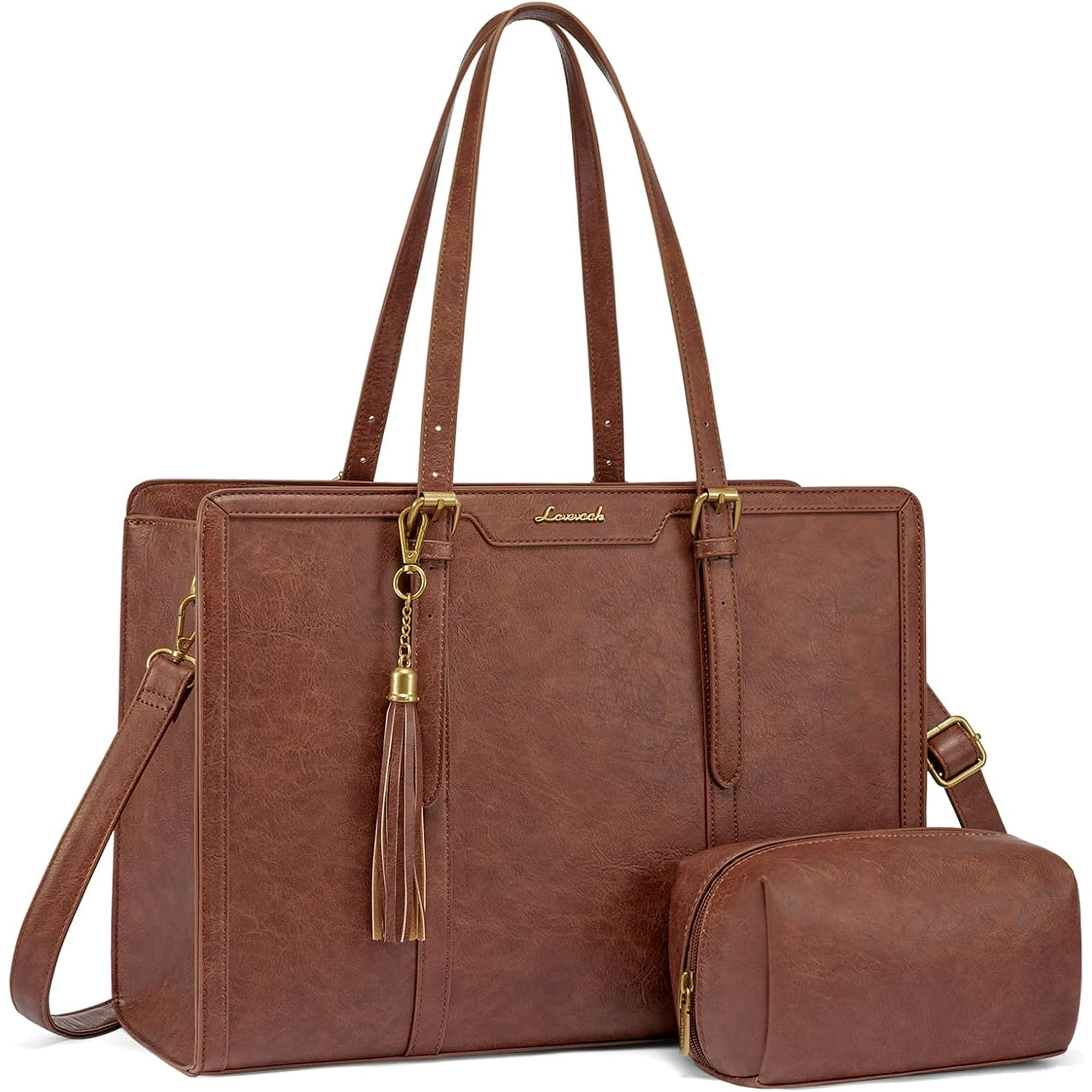 LOVEVOOK Laptop Bag for Women Vintage Leather Laptop Tote 15.6 inch Large Capacity Computer bag with Clutch Purse for Work