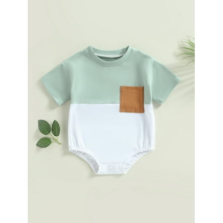 

Lamuusaa Infant Baby Boys Romper Contrast Color Short Sleeve Crew Neck Pocket Jumpsuits Summer Casual Bodysuits