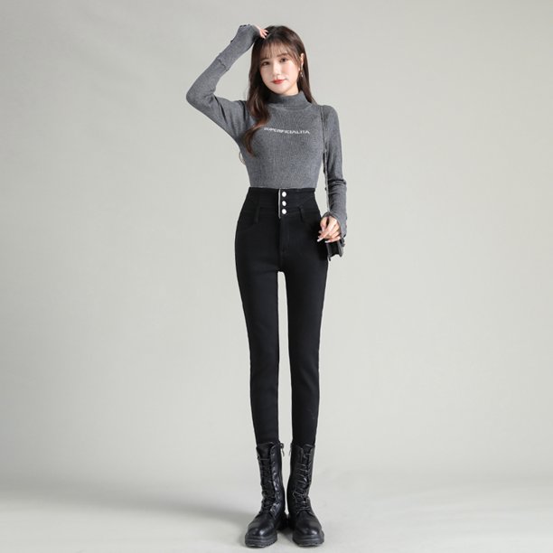 Pantalones vaqueros ajustados de terciopelo grueso para mujer, pantalones pitillo elásticos ajustados con botones de cintura alta para mamá, pantalones vaqueros informales cálidos para mujer