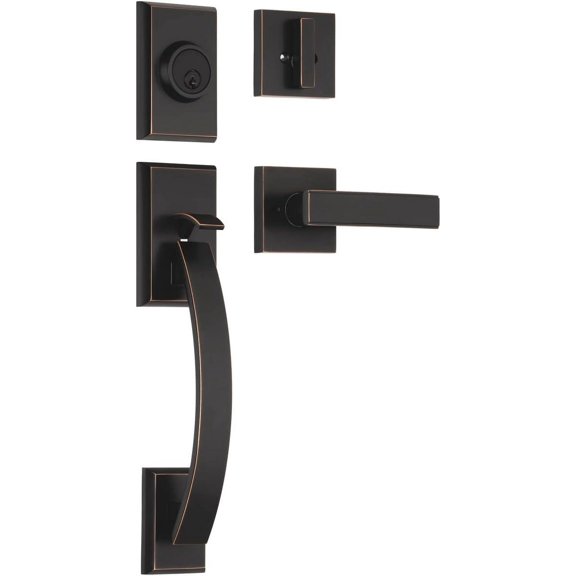 Single Door Handle Set with Single Cylinder Deadbolt, Rectangular Adjustable Entry Door Lock Set (Round Lever, Oil Rubbed Bronze)