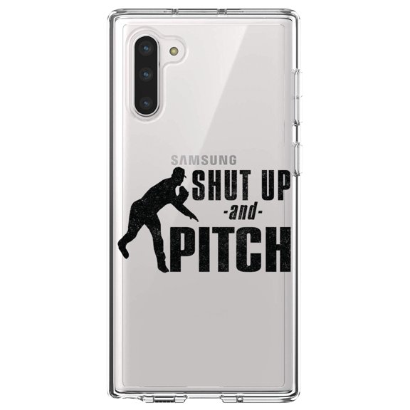DistinctInk Clear Shockproof Hybrid Case for Samsung Galaxy Note 10 (6.3" Screen) - TPU Bumper Acrylic Back Tempered Glass Screen Protector - Shut Up & Pitch Baseball