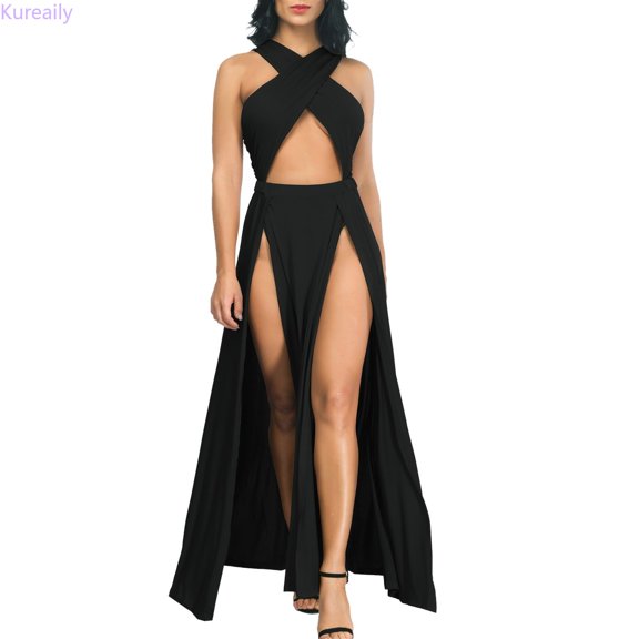 Kureaily Women Sexy Hollow Out Wrap Sleeveless Plain Pleated Slit Casual Long Maxi Dress (Black,Large)
