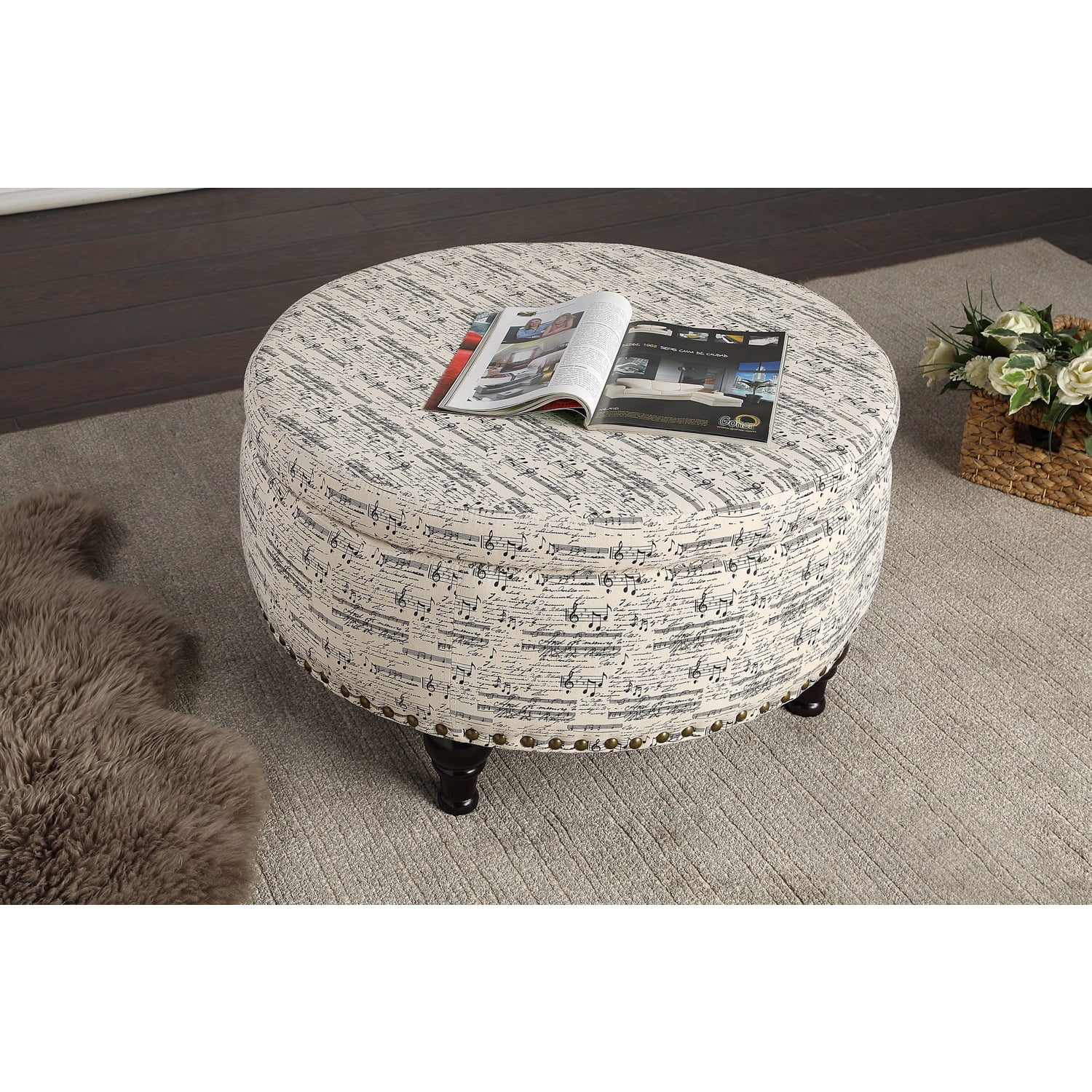 Round Storage Ottoman with Nailhead, Solid Gray