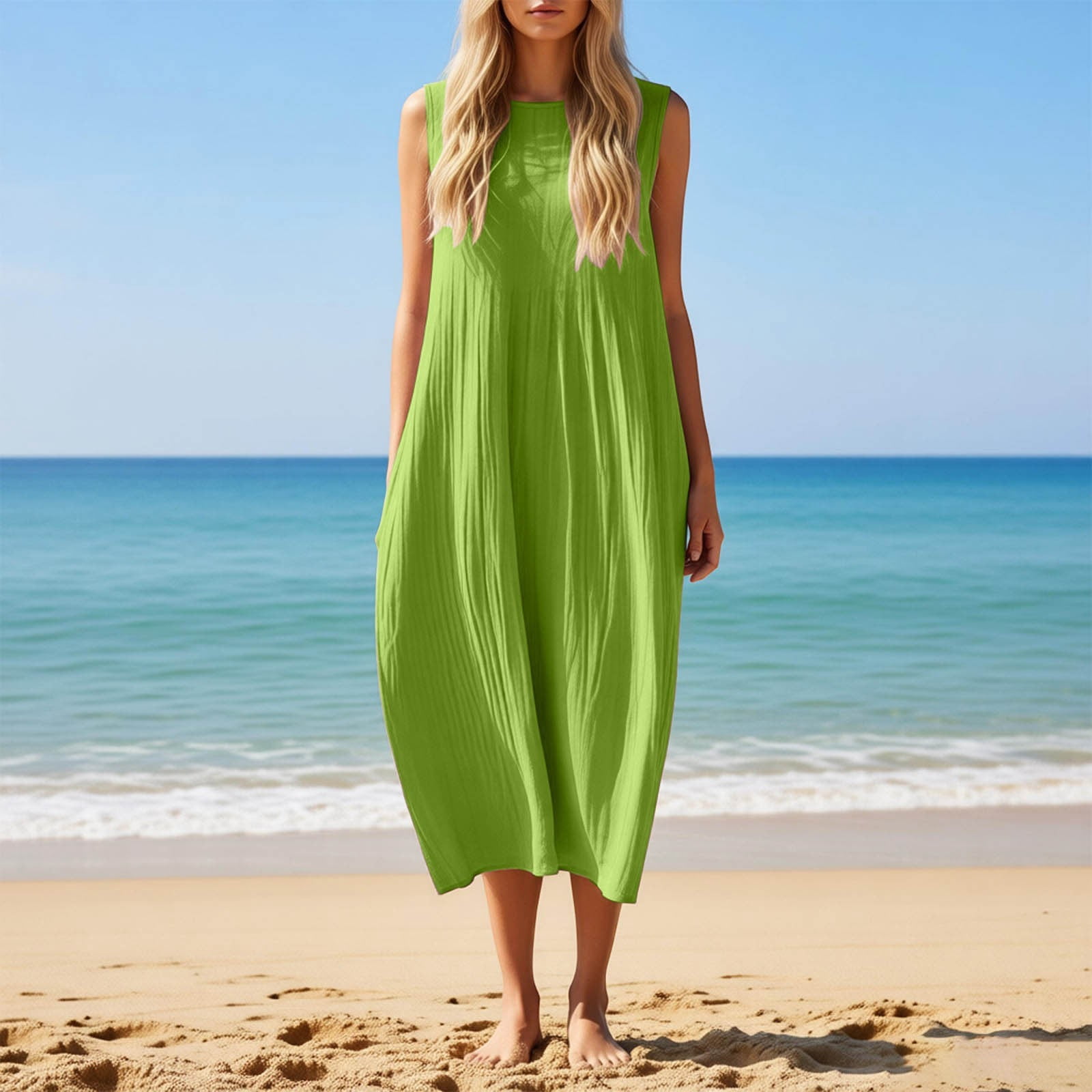 YANGXINX Womens Summer Dresses 2026 Linen Solid Color Sleeveless Round Neck Casual Shirts Dress with Pockets Comfortable Flowy Tunic Clothes