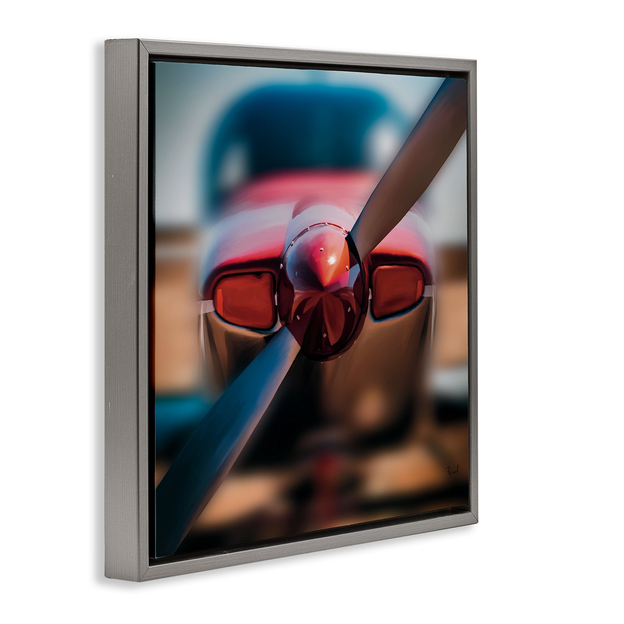 Stupell Industries Red Aircraft Propeller Gray Framed Floater Canvas Wall Art, design by Renel Peters