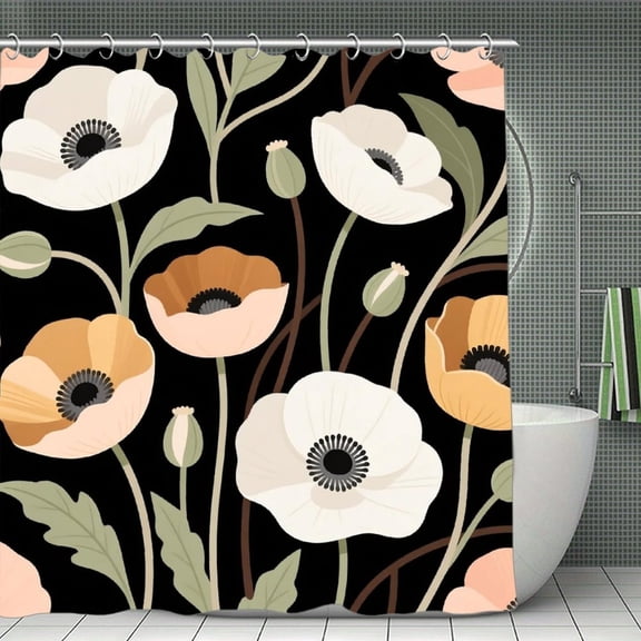 Black Floral Print Shower Curtain,Modern Fabric Waterproof Shower Curtain Set with Hooks 70.8×70.8Inch (180×180cm)
