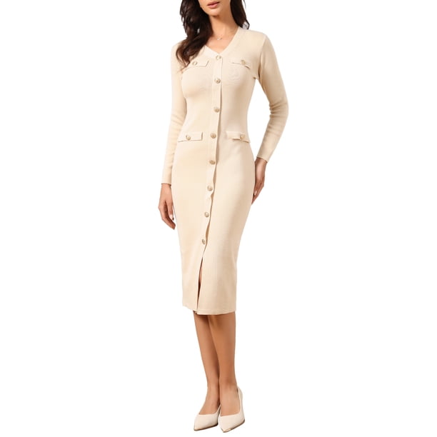 Vestido de suéter Bodycon INSPIRE CHIC para mujer 2025, vestido midi de punto con cuello en V, mangas largas y decoración de botones, talla M, color albaricoque